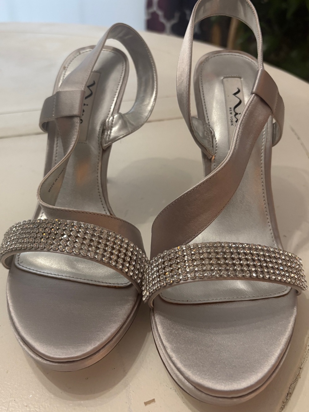 Nina Champagne Crystal-Embellished Slingback Heels